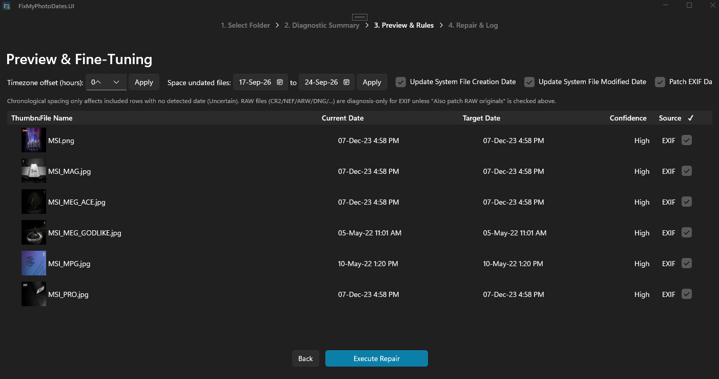 Fix My Photo Dates app preview with image thumbnails, current and target dates, confidence, and detected source
